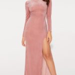 Dusty-Pink-High-Neck-Long-Sleeve-Extreme-Split-Maxi-Dress
