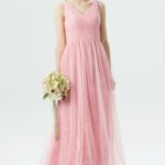 sleeveless-candy-pink-tulle-with-floral-lining-V-neck-long-bridesmaid-dress-1